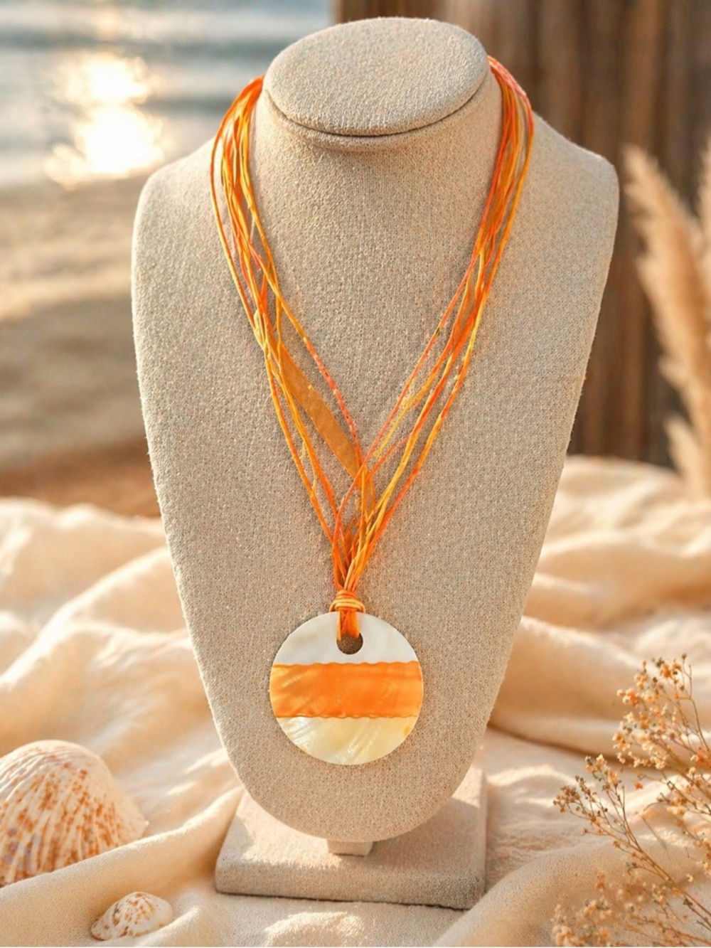 Orange Shell Pendant Necklace with Multi-Strand Cord